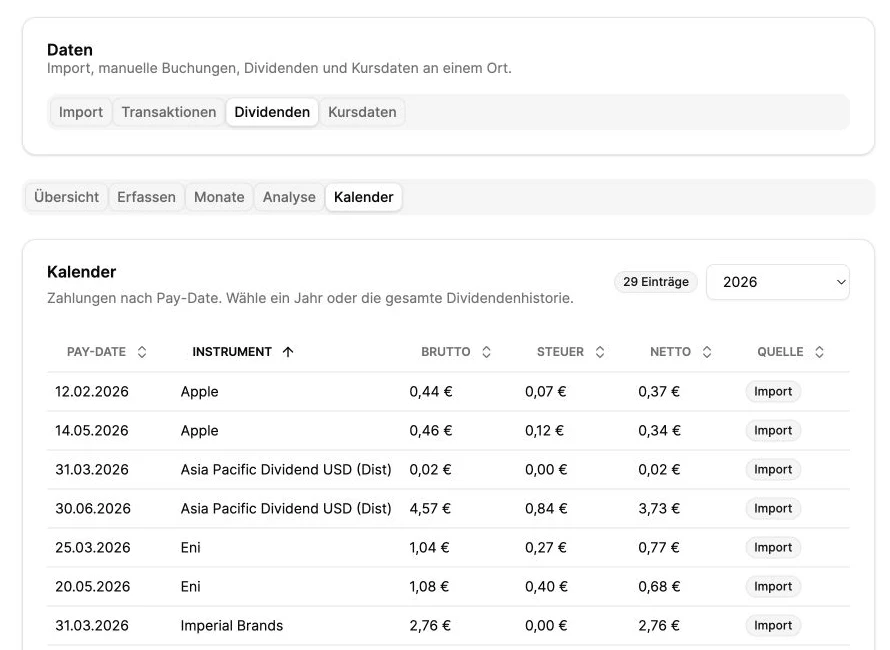 Dividendenkalender mit Pay-Date, Instrument und Nettozahlungen
